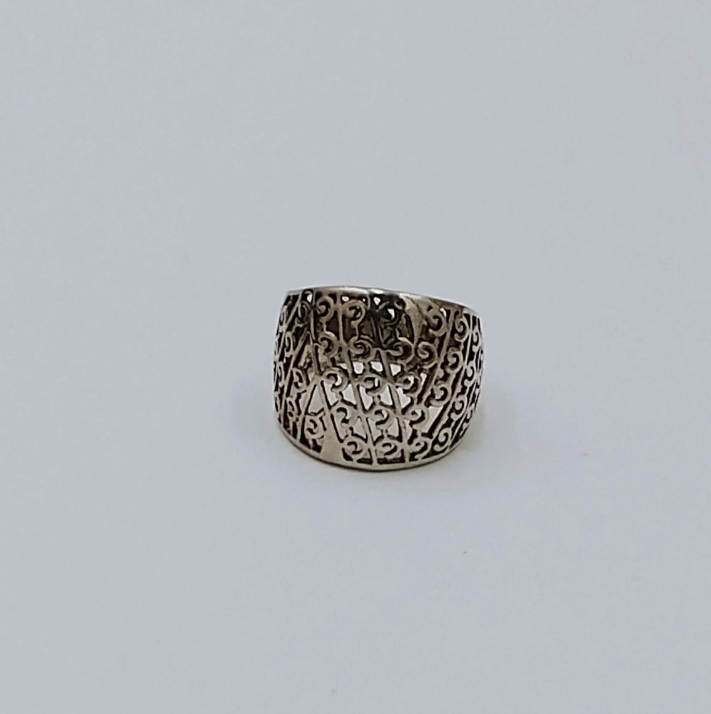 Sterling Silver Dome Filigree Open Scroll Wide Band Ring